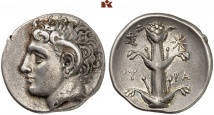 KYRENE. AR-Didrachme, 308/277 v. Chr.; 7,53 g. BMC 238; SNG Cop. 1238; Lathe Biosas S. 588 (dies Exemplar).