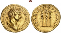 Traianus, 98-117. AV-Aureus, 113/114, Rom; 7.21 g. BMC 456; Calicó 1118 (dies Exemplar); Coh. 578 var.; RIC 296 var; MIR 418 f.