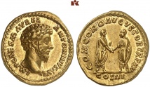 Antoninus II. Marcus Aurelius, 161-180. AV-Aureus, 161, Rom; 7.30 g. BMC S. 386 Anm.; Calicó 1826; Coh. 69 (dort diese Legende mit Hinweis auf Ramus erwähnt); Ramus S. 301, Nr. 121; RIC 7 Anm.