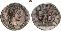 Antoninus II. Marcus Aurelius, 161-180 für Commodus. Æ-Sesterz, 177, Rom; 22,49 g. BMC 1657; Coh. 79; RIC 1570.