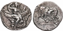 GORTYNA. AR-Stater, um 280/270 v. Chr.; 11.08 g. Svoronos Pl. XV, 7 und 5 (Avers 84/Revers 81, jeweils stempelgleich); Le Rider Pl. V, 17 (stempelgleich).